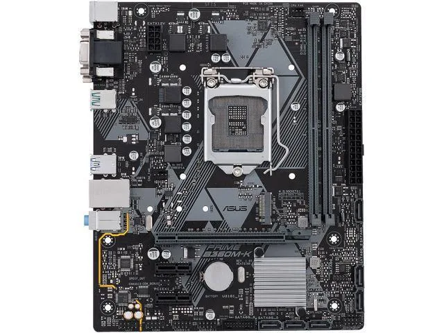 ASUS PRIME B360M-K micro ATX motherboard, black PCB with silver heatsinks and rear I/O shield