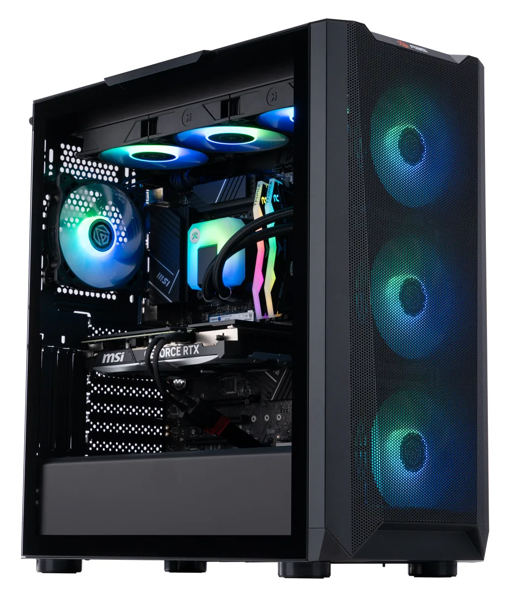 Black ATX gaming tower with RGB liquid cooler and graphics card visible through side panel