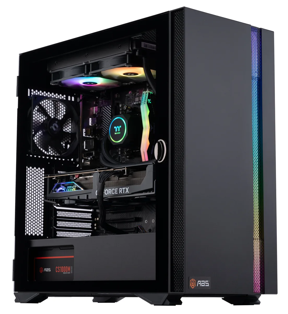 Black Thermaltake H700 mid-tower with RGB AIO cooler and graphics card visible