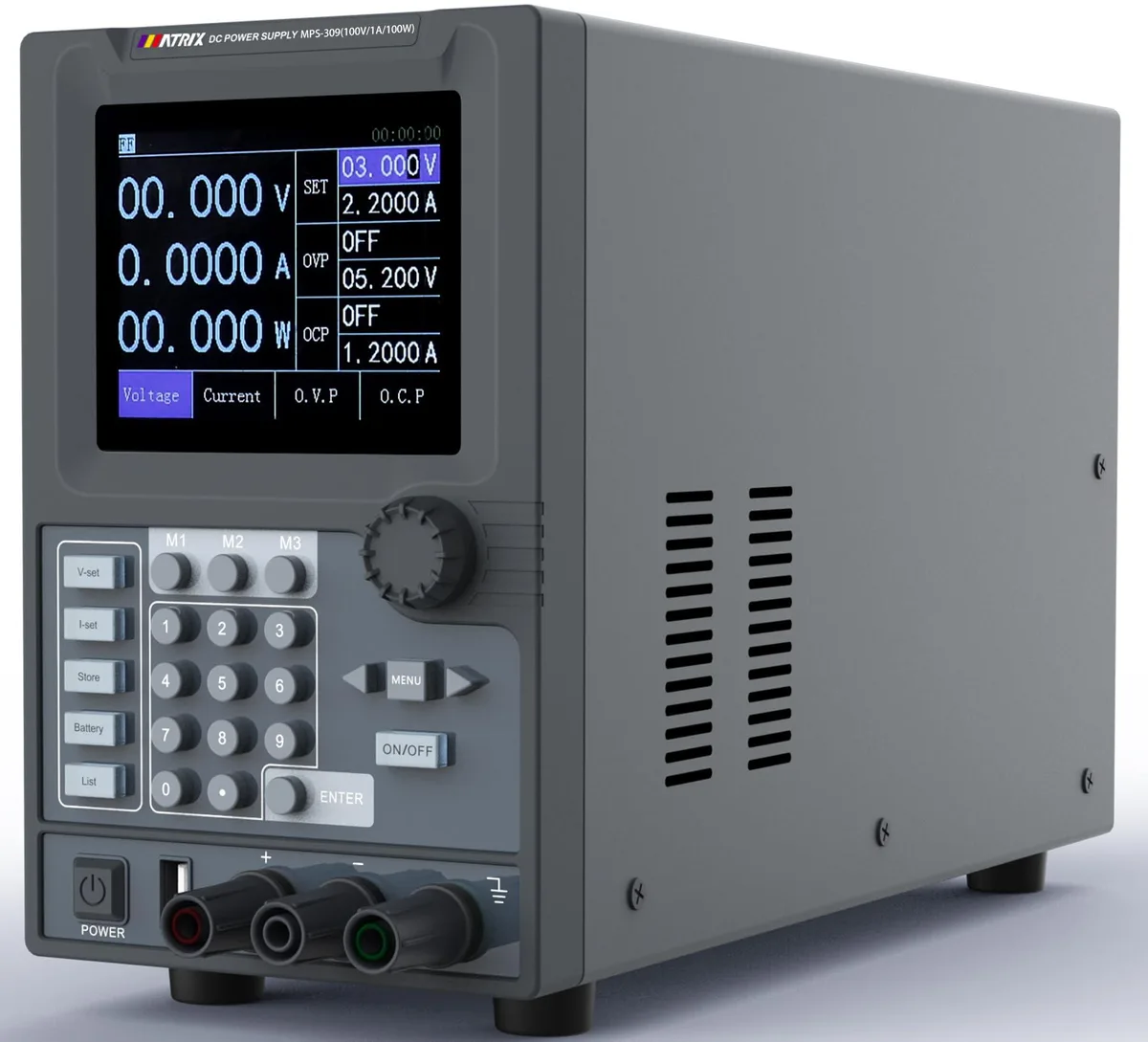 Rectangular silver bench power supply with 3.5-inch color display and front knobs