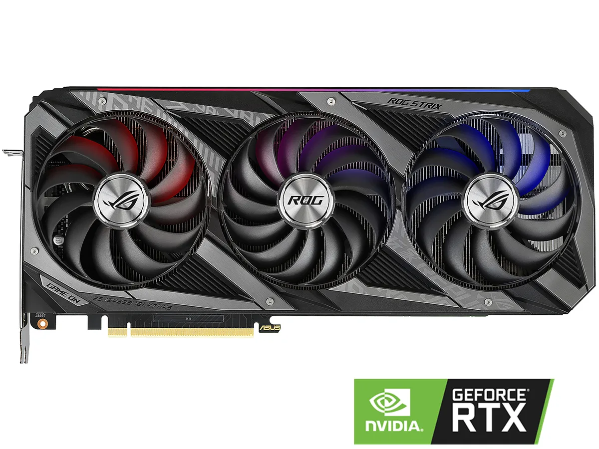 ASUS ROG Strix RTX 3070 triple-fan graphics card in dark metallic finish