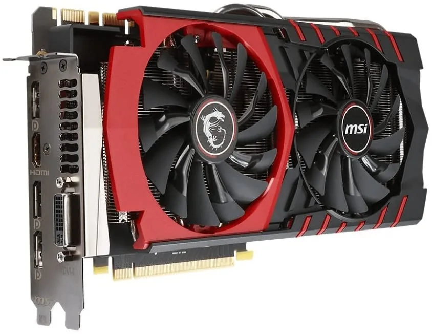 MSI GeForce GTX 980 Gaming graphics card with dual-fan cooler in black and red