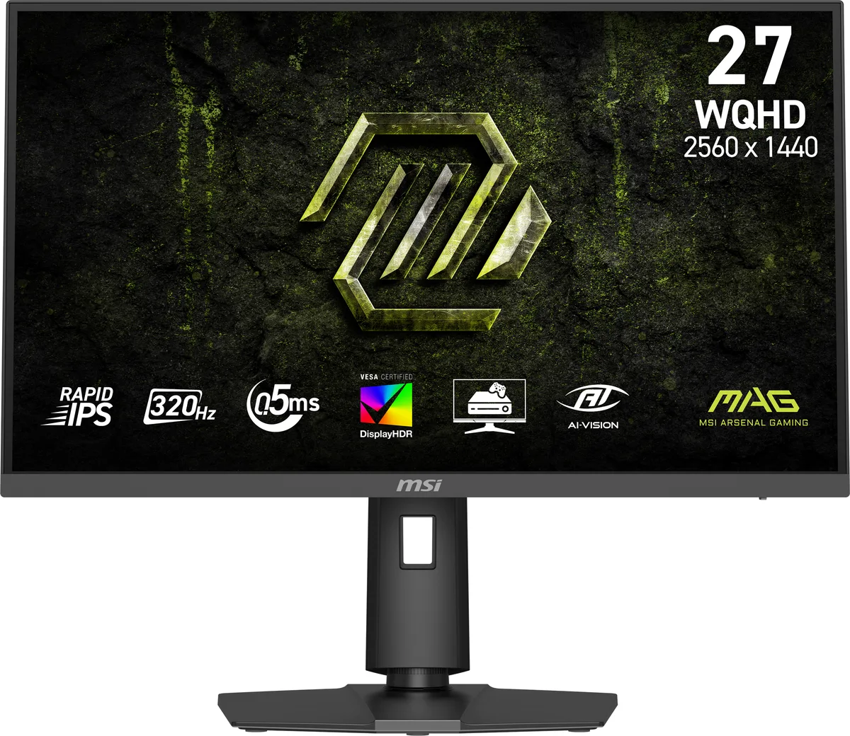 Black 27 inch gaming monitor with thin three sided bezels and adjustable stand