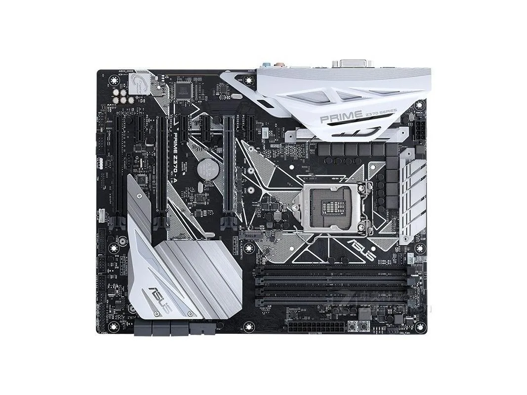 ATX motherboard dark board silver heatsinks LGA 1151 socket DDR4 slots SATA ports I/O shield
