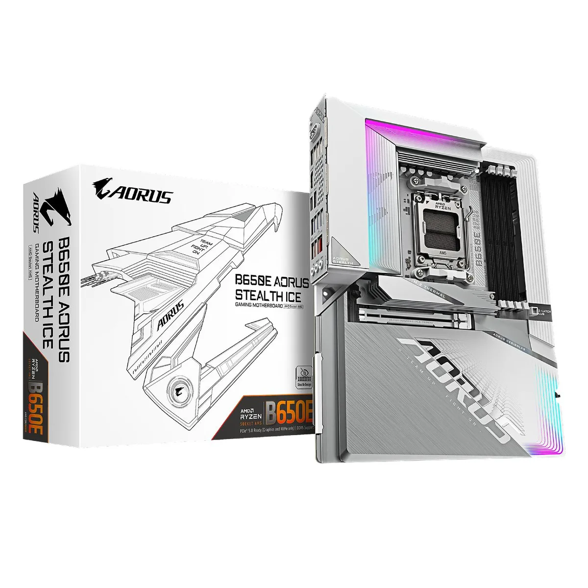 White AM5 motherboard with silver heatsinks and rear I/O shield