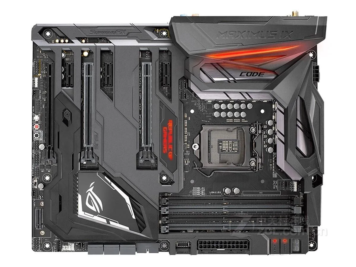 ATX motherboard in black with metallic heatsinks and ROG branding