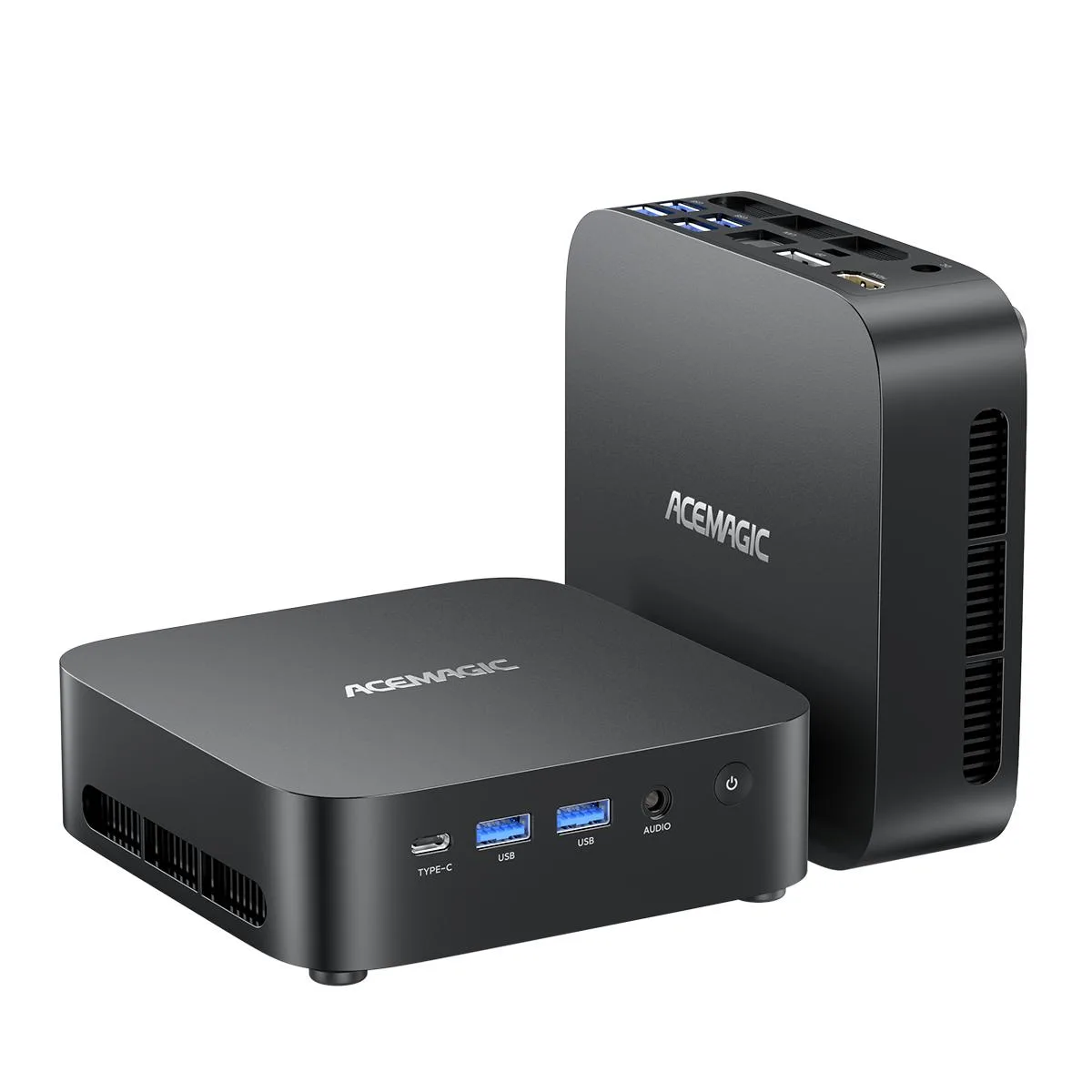 Compact black mini desktop with silver logo and small square footprint