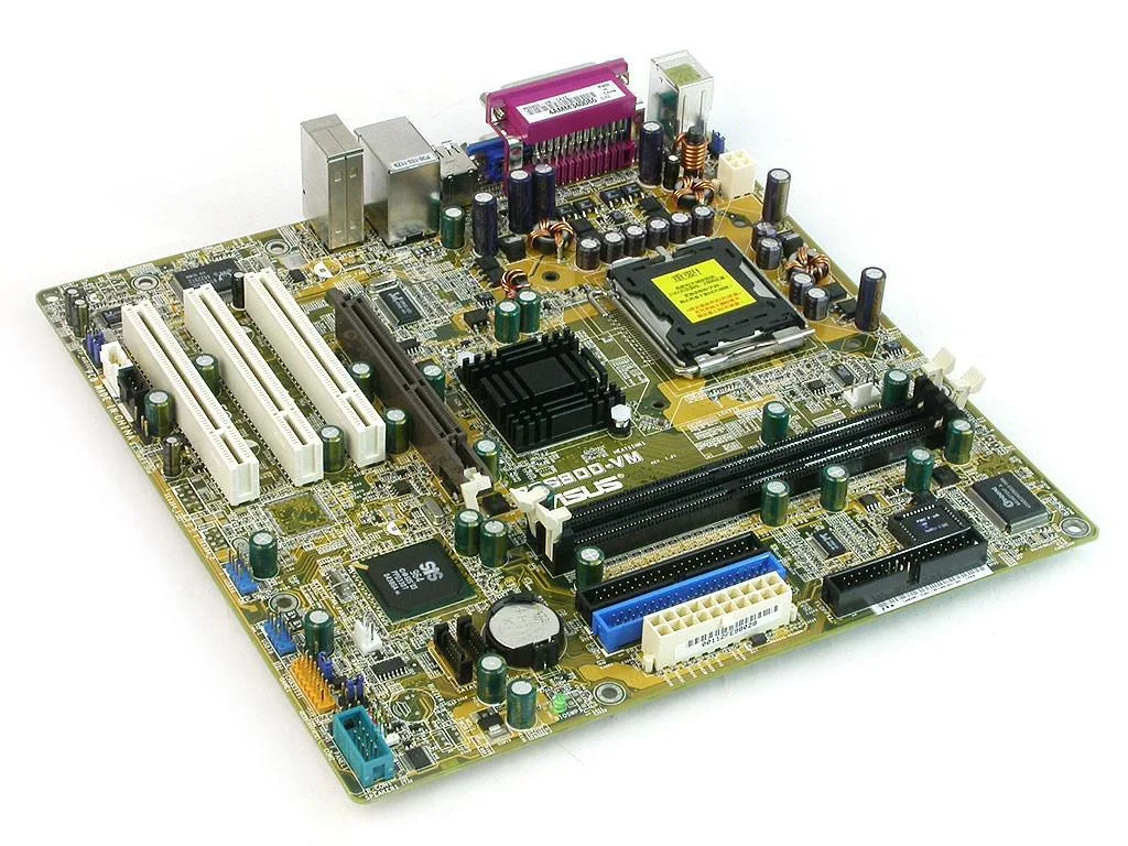 Green micro ATX motherboard with LGA 775 socket and SATA ports
