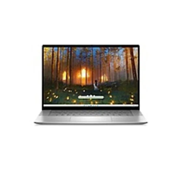 Silver Dell Inspiron 16 laptop open showing 16 inch display and keyboard