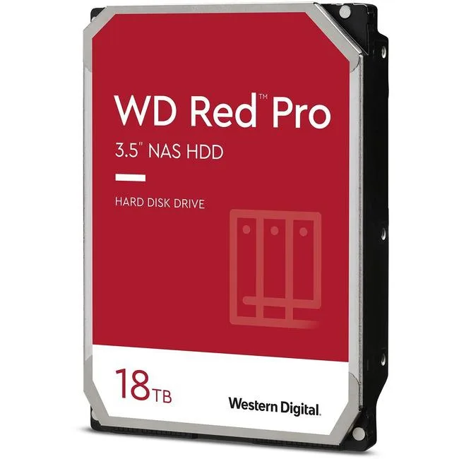 Silver 3.5-inch internal hard drive with label showing Red Pro 18TB branding