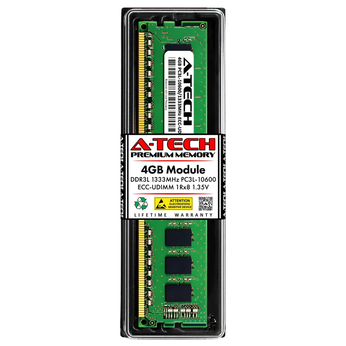 Green 240-pin DDR3L UDIMM with black chips, 1Rx8 layout