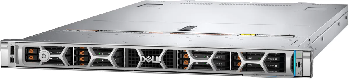 Silver 1U rack server front with drive bays and Dell badge