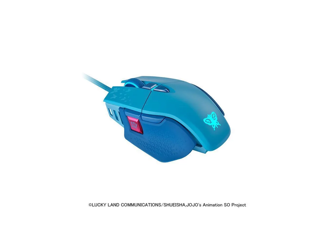 Blue wired gaming mouse with angular aluminum body, textured side grips and customizable RGB lighting