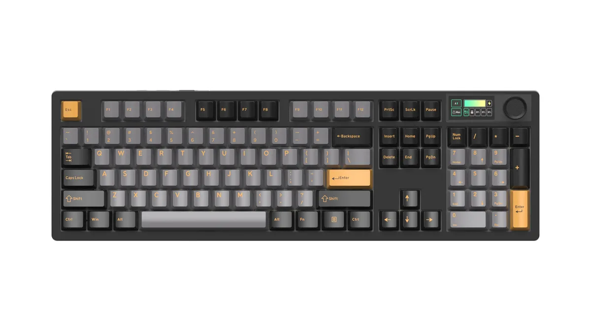 Full-size black and gold mechanical keyboard with 1.9 inch LCD screen and rotary knob