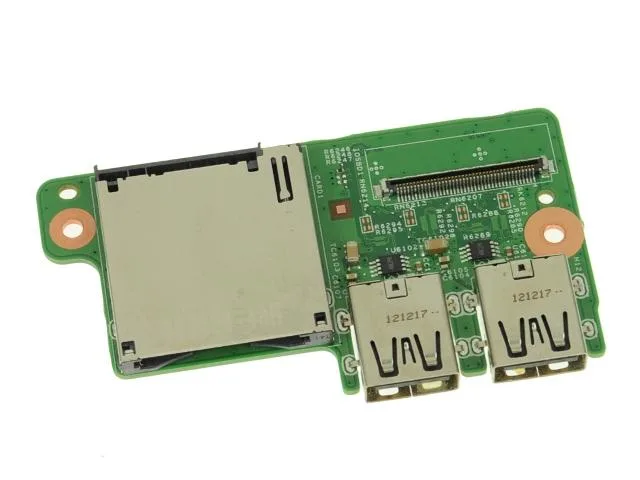 Small green circuit board with two USB ports and an SD card slot
