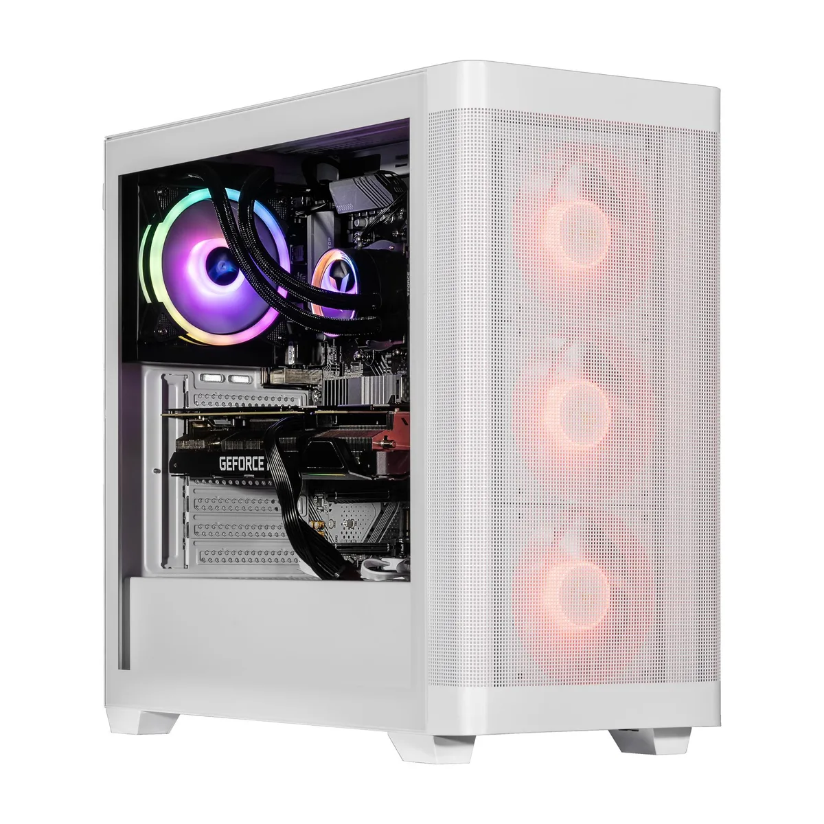 White mid-tower desktop with RGB fans and 120mm AIO