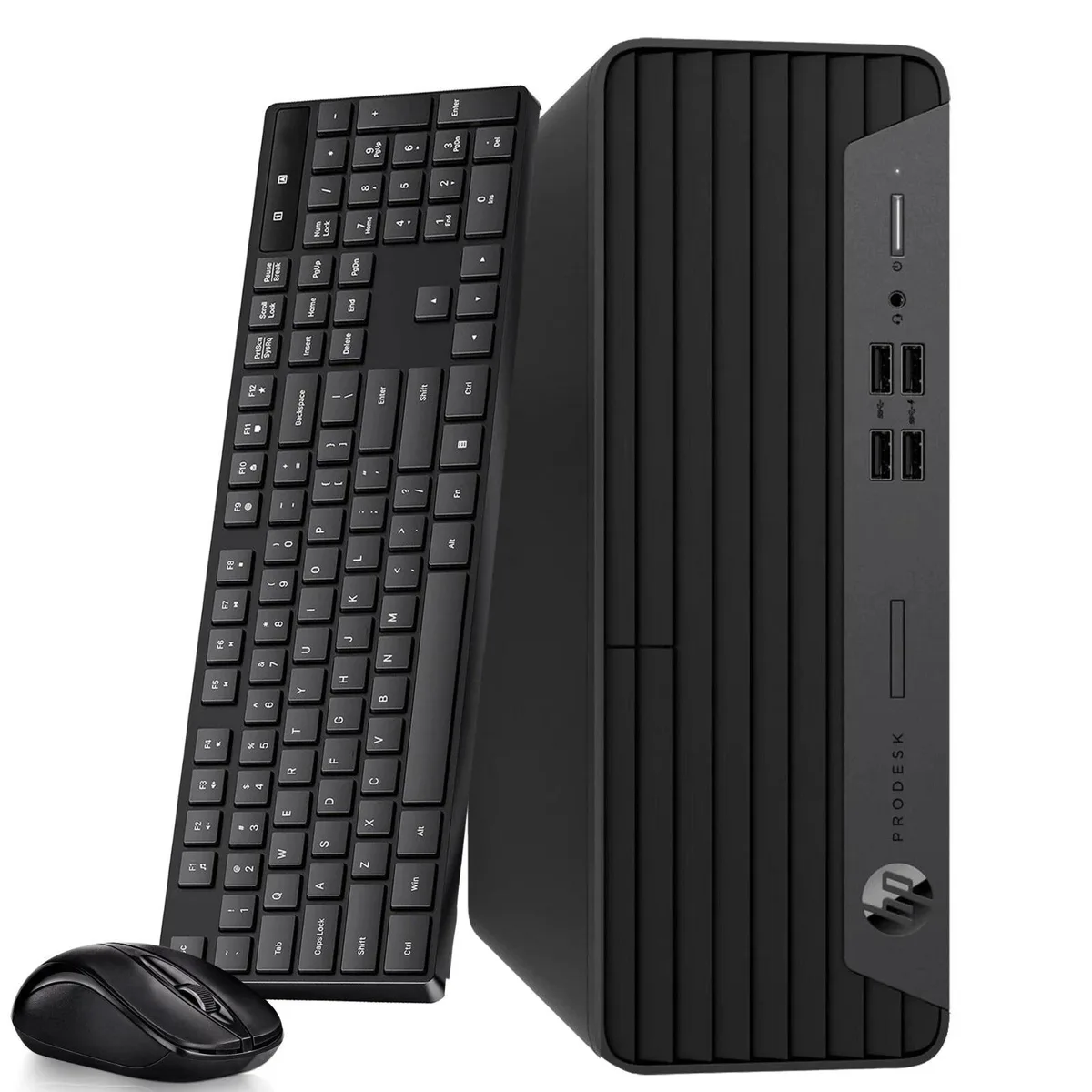 Compact small form factor desktop tower in matte black finish with front USB ports and power button