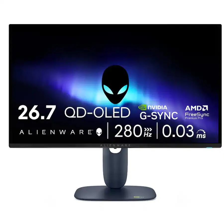 27 inch flat QD-OLED monitor in Interstellar Indigo with three-sided ultrathin bezel and adjustable stand
