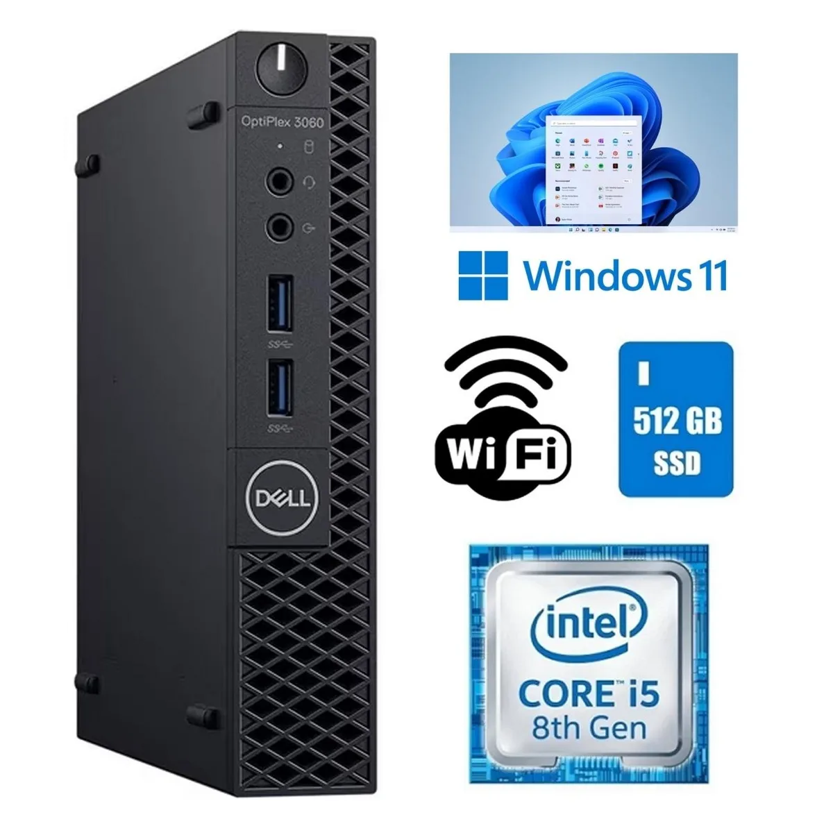Small black desktop tower with power adapter and USB Wi-Fi dongle