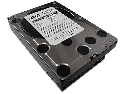 Silver 3.5 inch bare SATA hard drive with circuit board visible