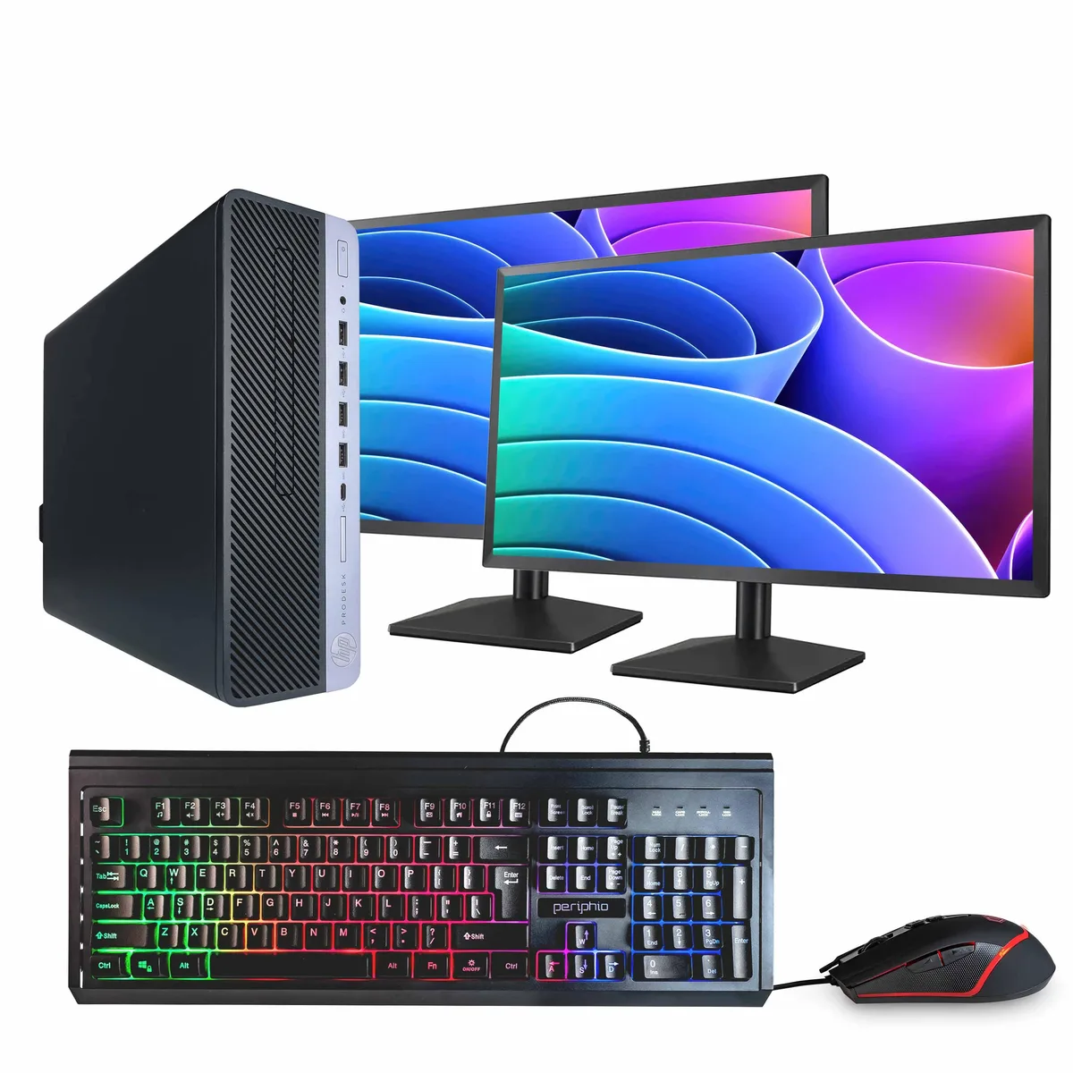 Black HP ProDesk 600G4 tower with dual 24-inch monitors, keyboard and mouse