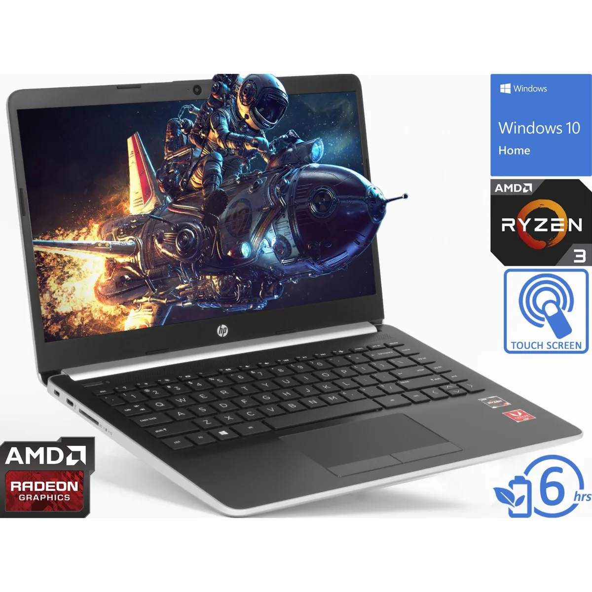 Silver HP 14 notebook with 14 inch HD touchscreen display