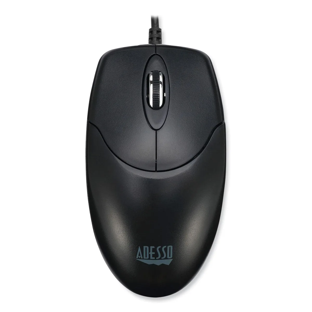 Black symmetrical gaming mouse with scroll wheel and cable