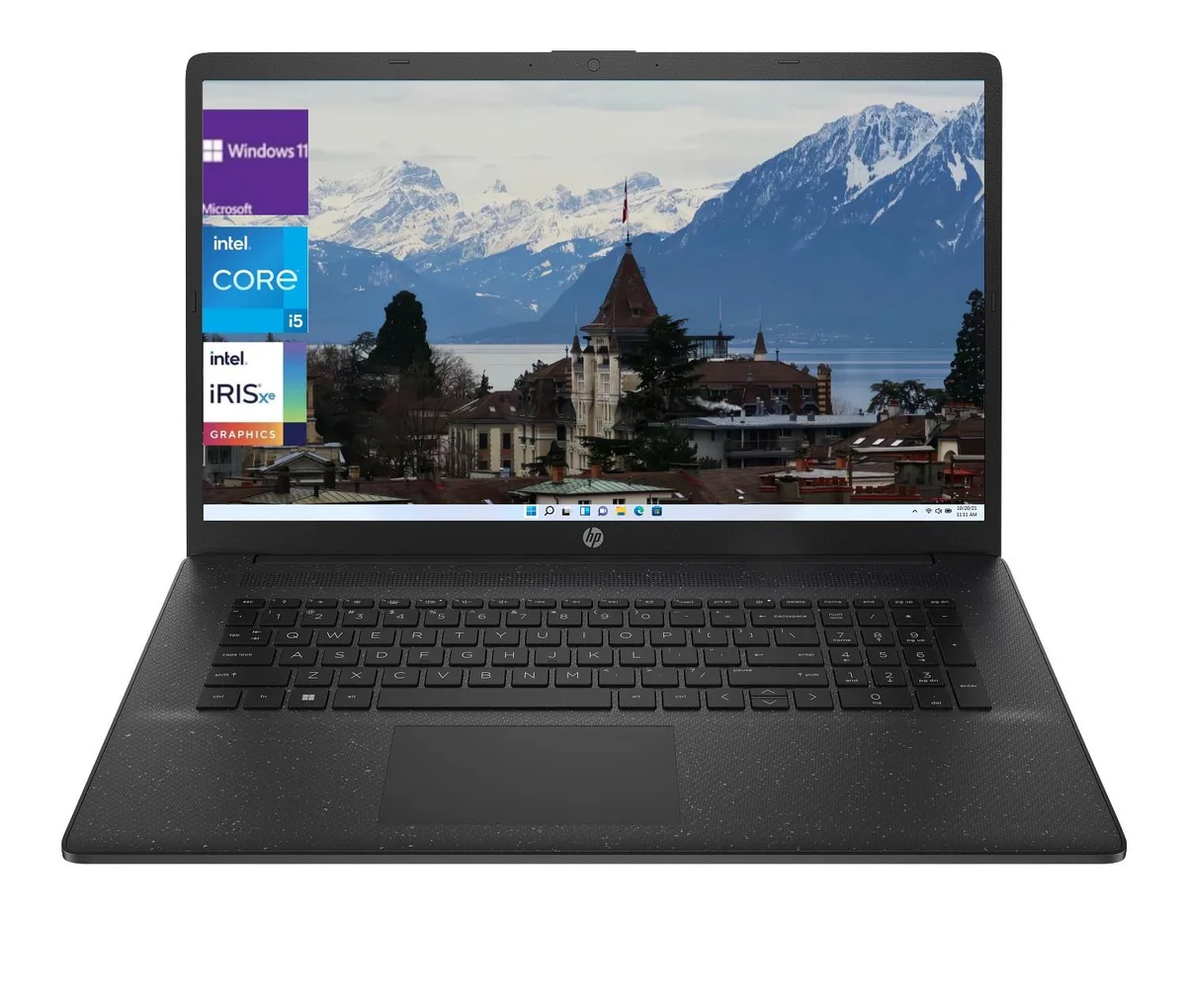 Silver 17.3 inch laptop open showing full-size keyboard with numeric keypad and anti-glare screen