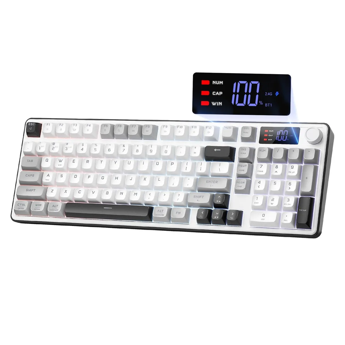 White and grey 98-key wireless keyboard with rotary knob and small display, PBT keycaps, RGB lighting