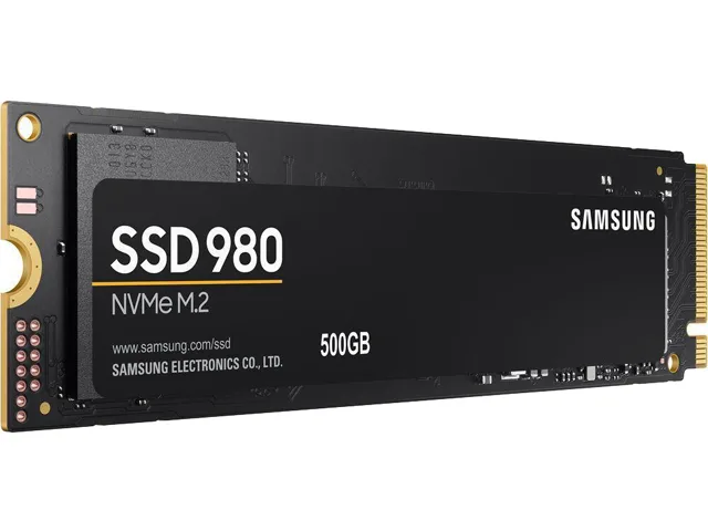 Small green circuit board M.2 2280 SSD with black controller and gold edge connector