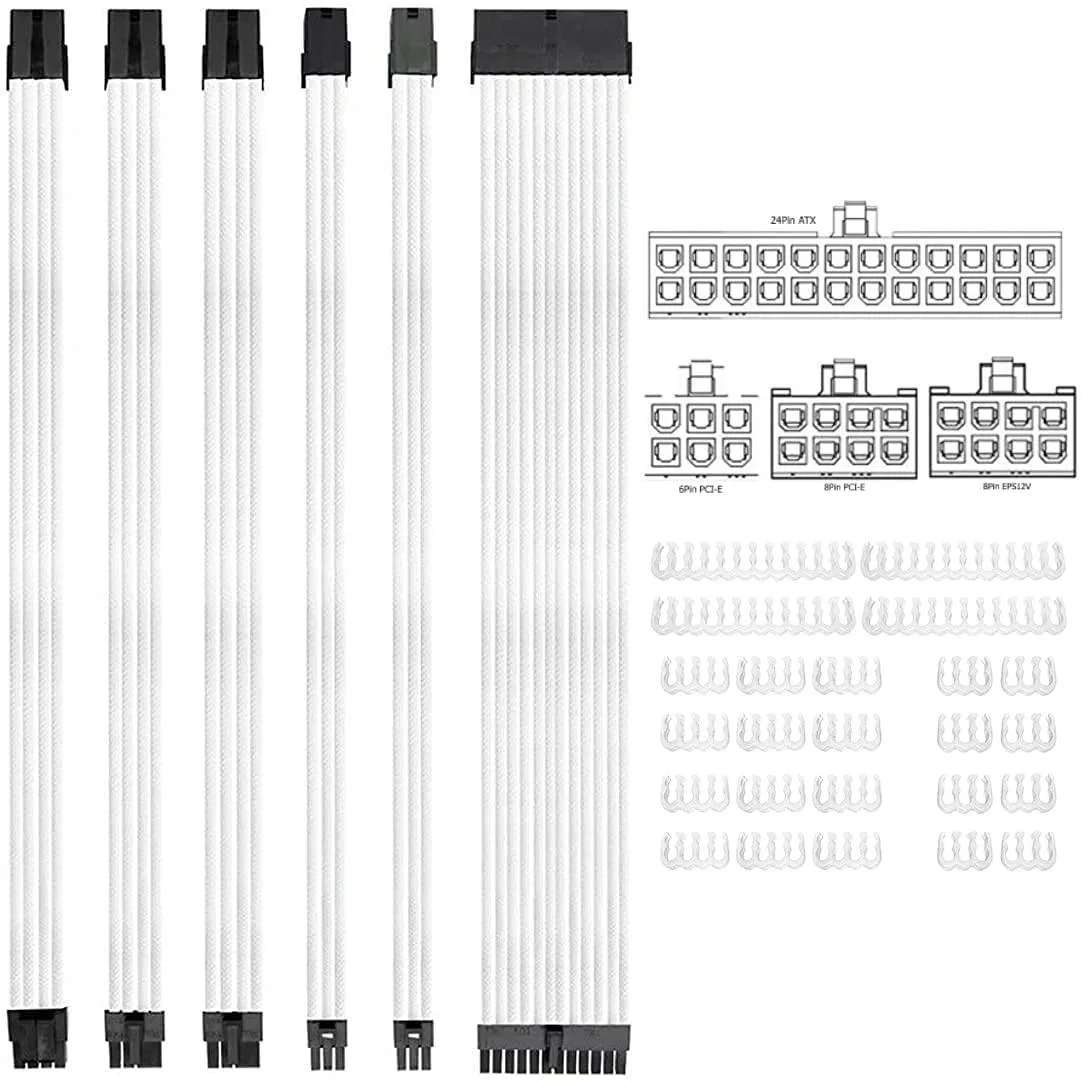 White braided ATX cable extension kit with 24-pin, 8-pin and 6-pin connectors