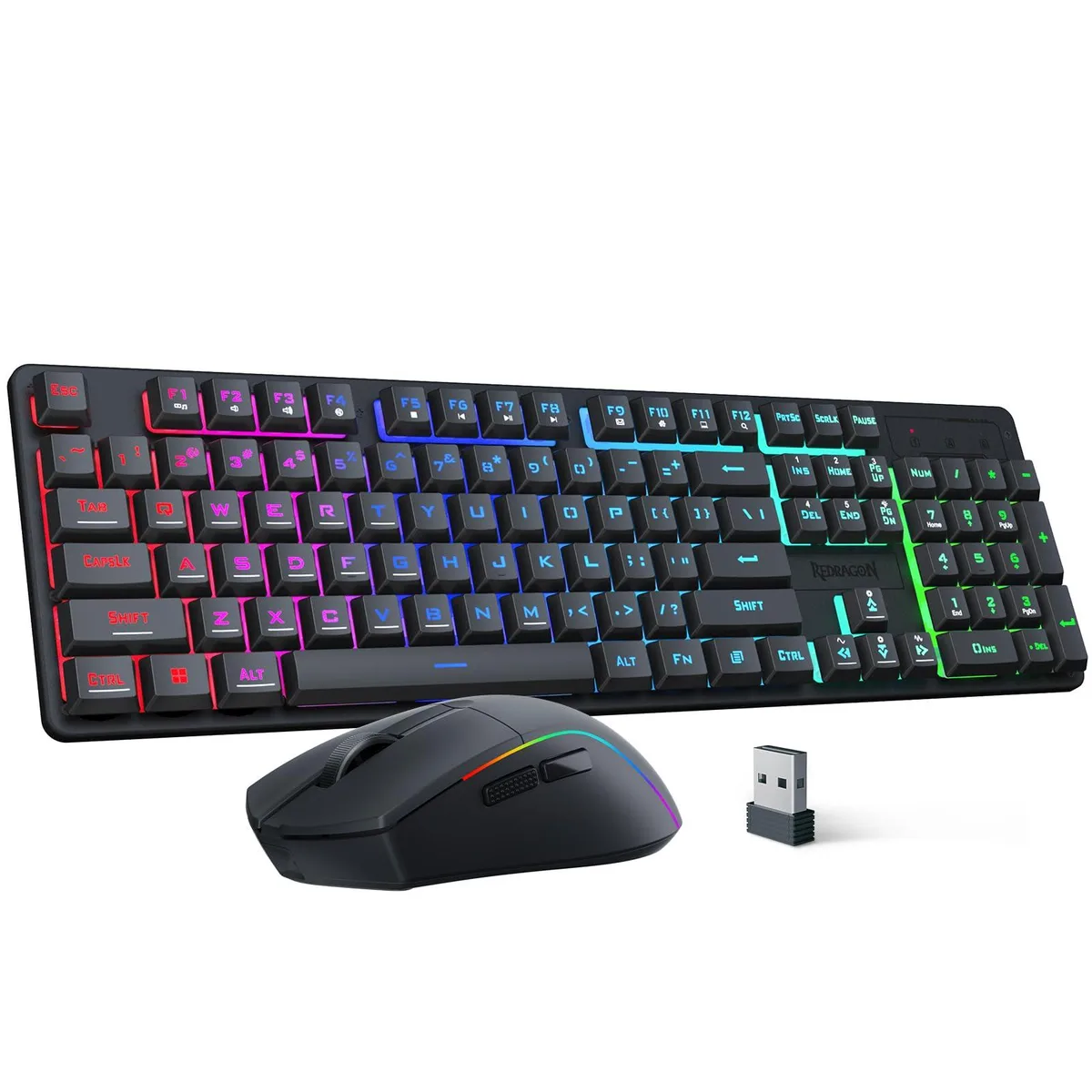 Black wireless keyboard and mouse combo with RGB lighting