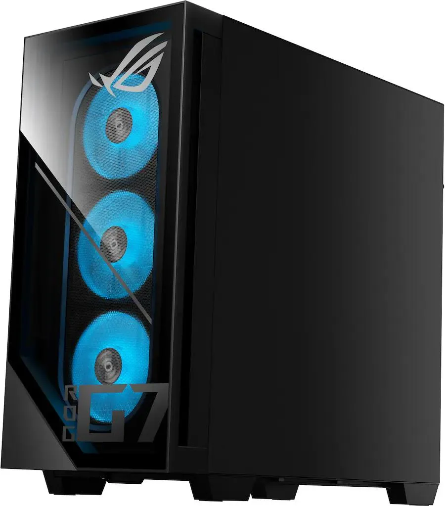 Black ASUS ROG G700 gaming desktop tower with angular front panel and illuminated accents