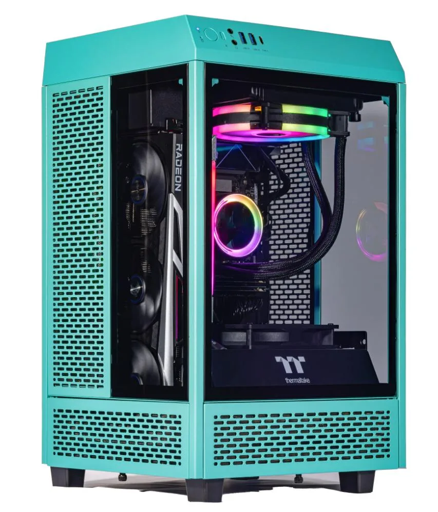 Gray mini-tower gaming PC with turquoise RGB liquid cooler visible through side panel