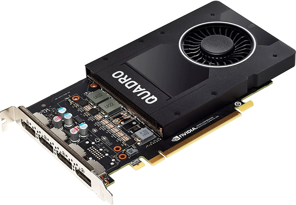 Full-height graphics card with four DisplayPort connectors and a black metal bracket