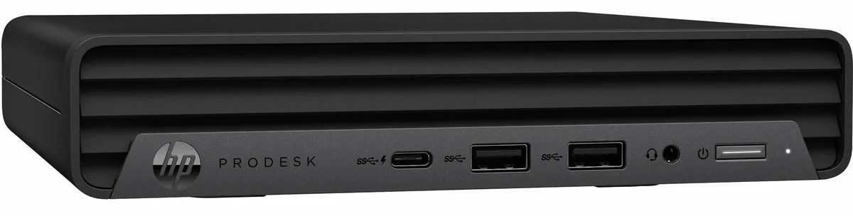 Small black Mini PC with HP branding and front ports
