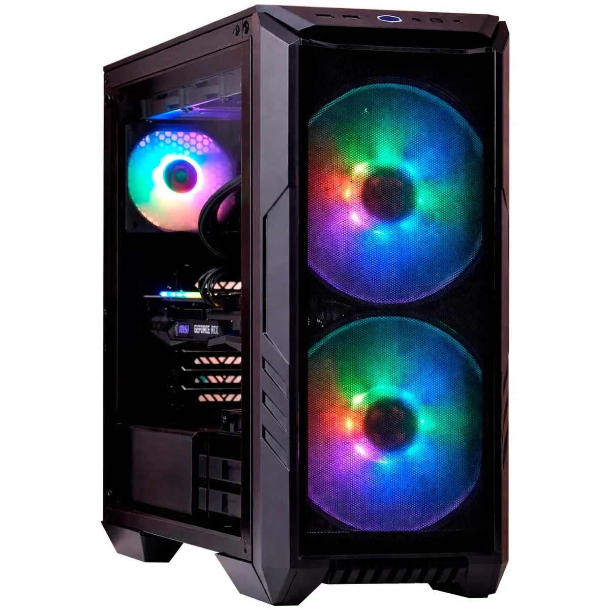Black tempered glass desktop tower with 200mm ARGB front fans and liquid CPU cooler