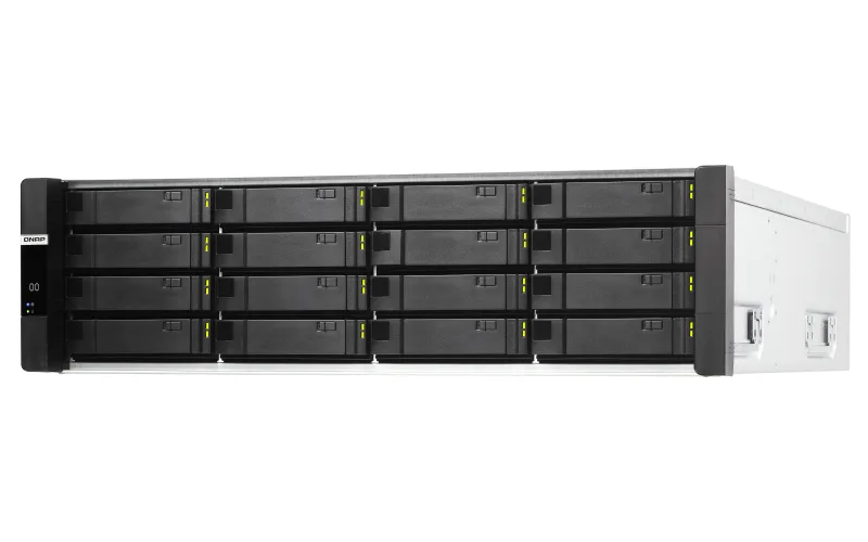 Silver rackmount NAS chassis with sixteen front drive bays and redundant power supplies