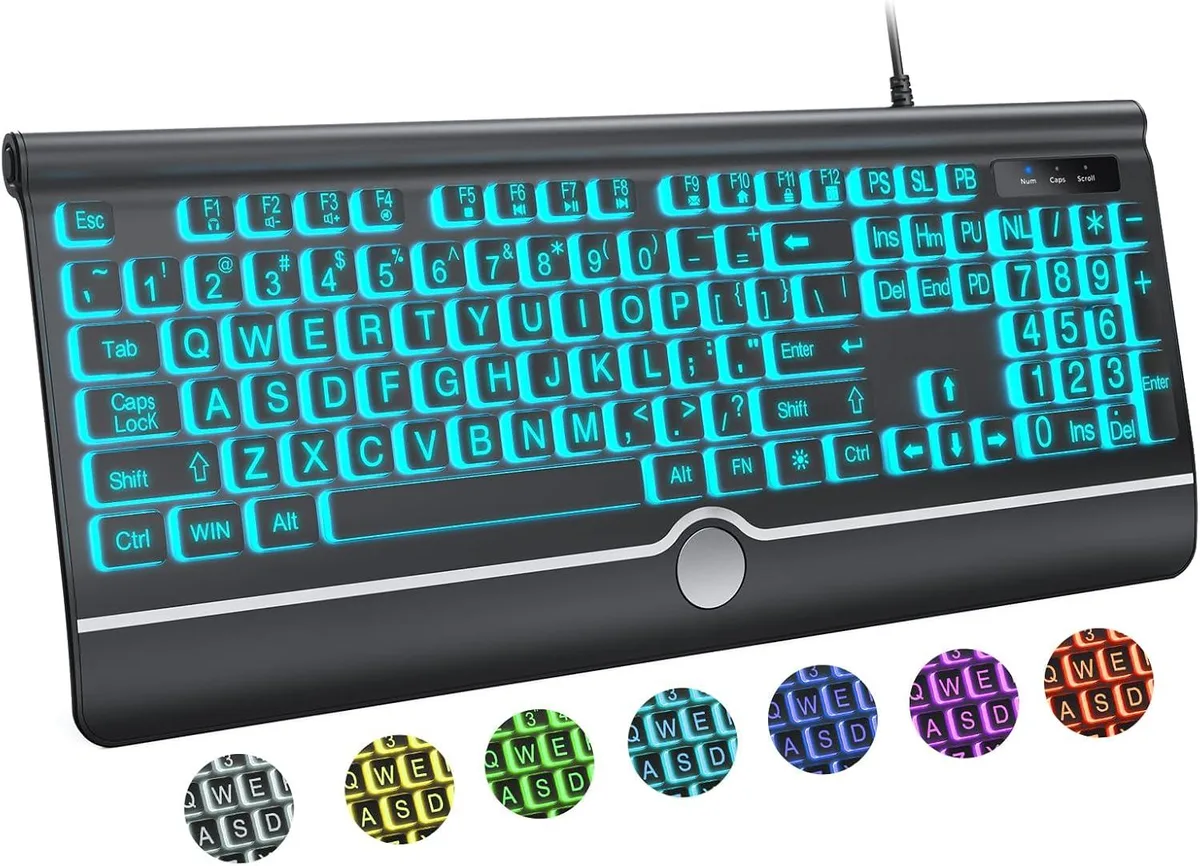 TUKO TUKO Large Print Backlit Gaming Keyboard USB Wired 104-Key Wrist Rest — produktbild