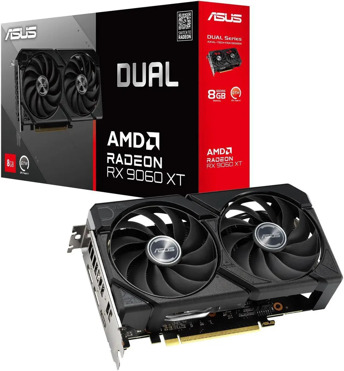 ASUS Dual Radeon RX 9060 XT graphics card with two axial fans and a dark metal shroud