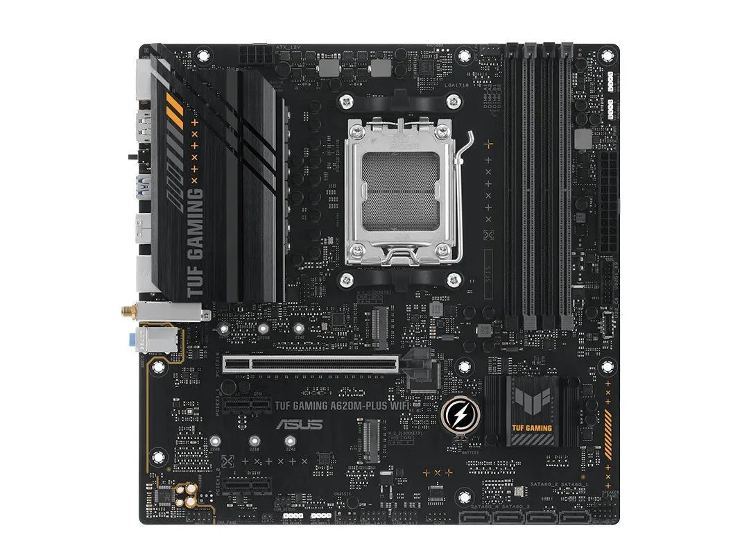 Micro-ATX motherboard with black PCB and grey heatsinks