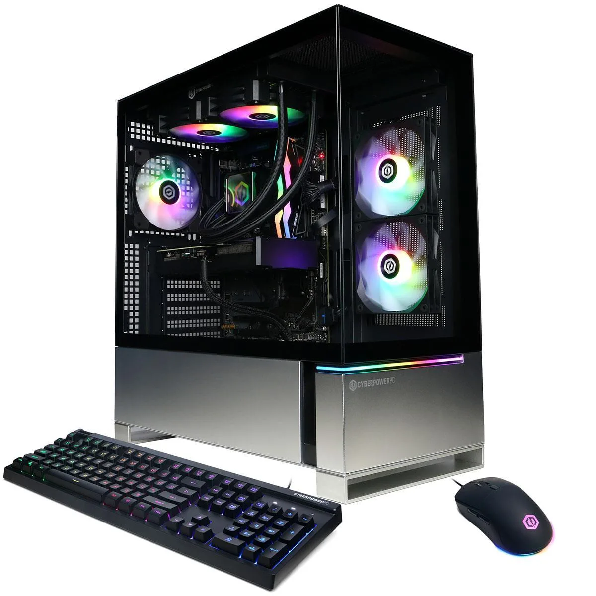 Black mid-tower gaming desktop with liquid cooling visible through tempered glass side panel