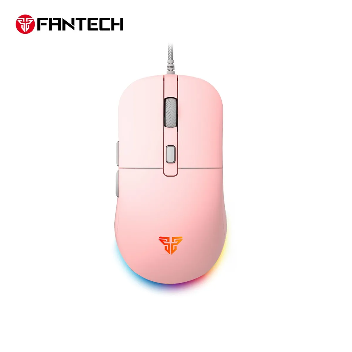 Pink ambidextrous wired gaming mouse with RGB lighting and six buttons
