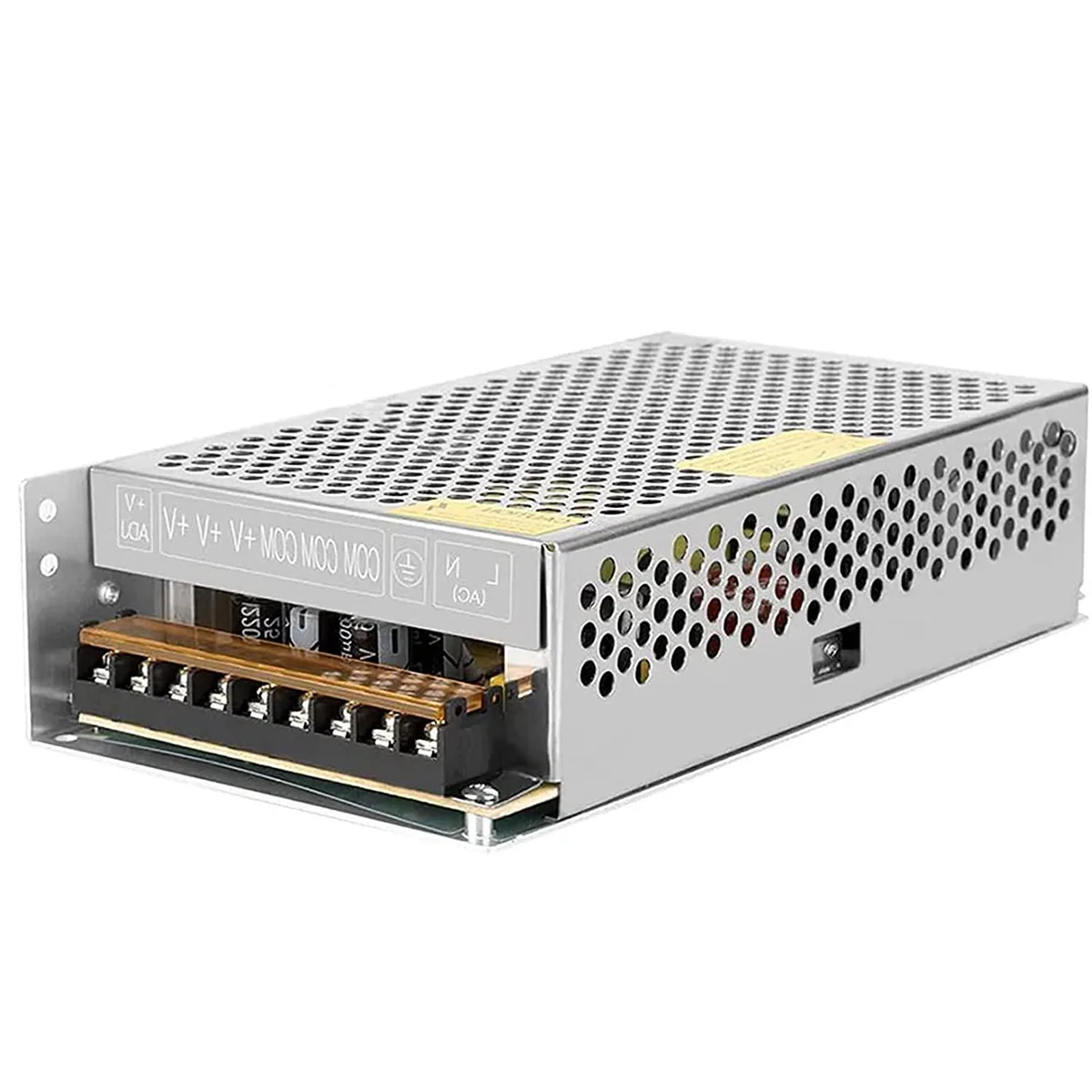Compact metal-cased 12 V 20 A switching power supply with screw terminals