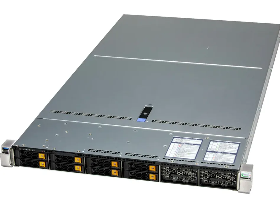 Silver 1U rack server front with eight 2.5 inch drive bays and status LEDs