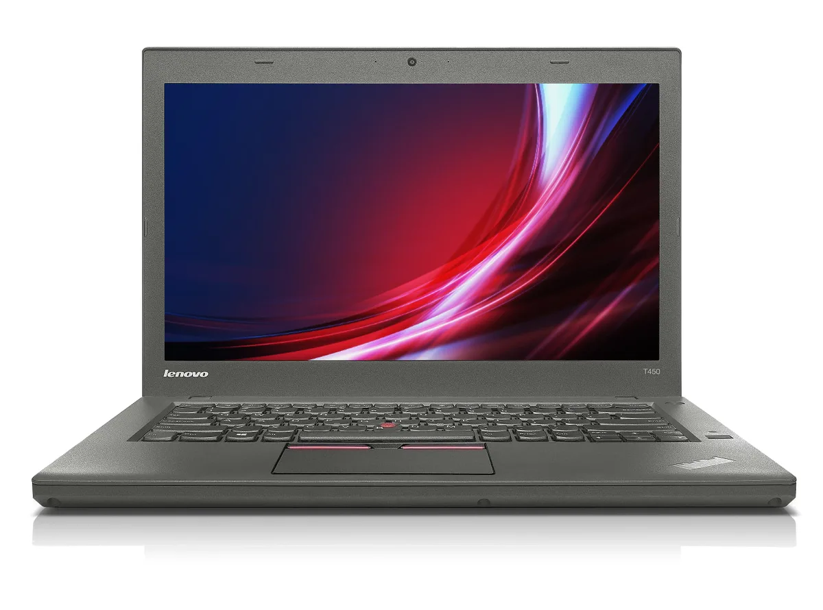 Dark grey Lenovo ThinkPad T450 laptop closed, matte finish, 14 inch non‑touch display, Grade B LCD condition