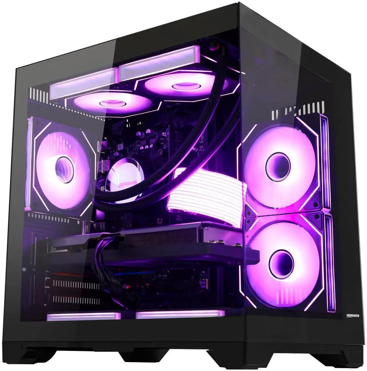 Black mid-tower gaming desktop with liquid cooling and RGB fans
