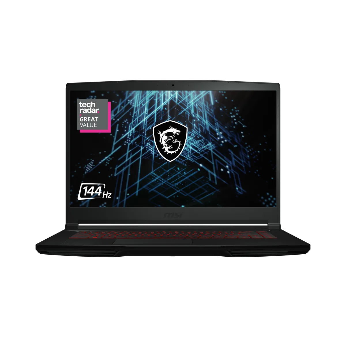 Black 15.6-inch gaming laptop, thin profile, matte finish