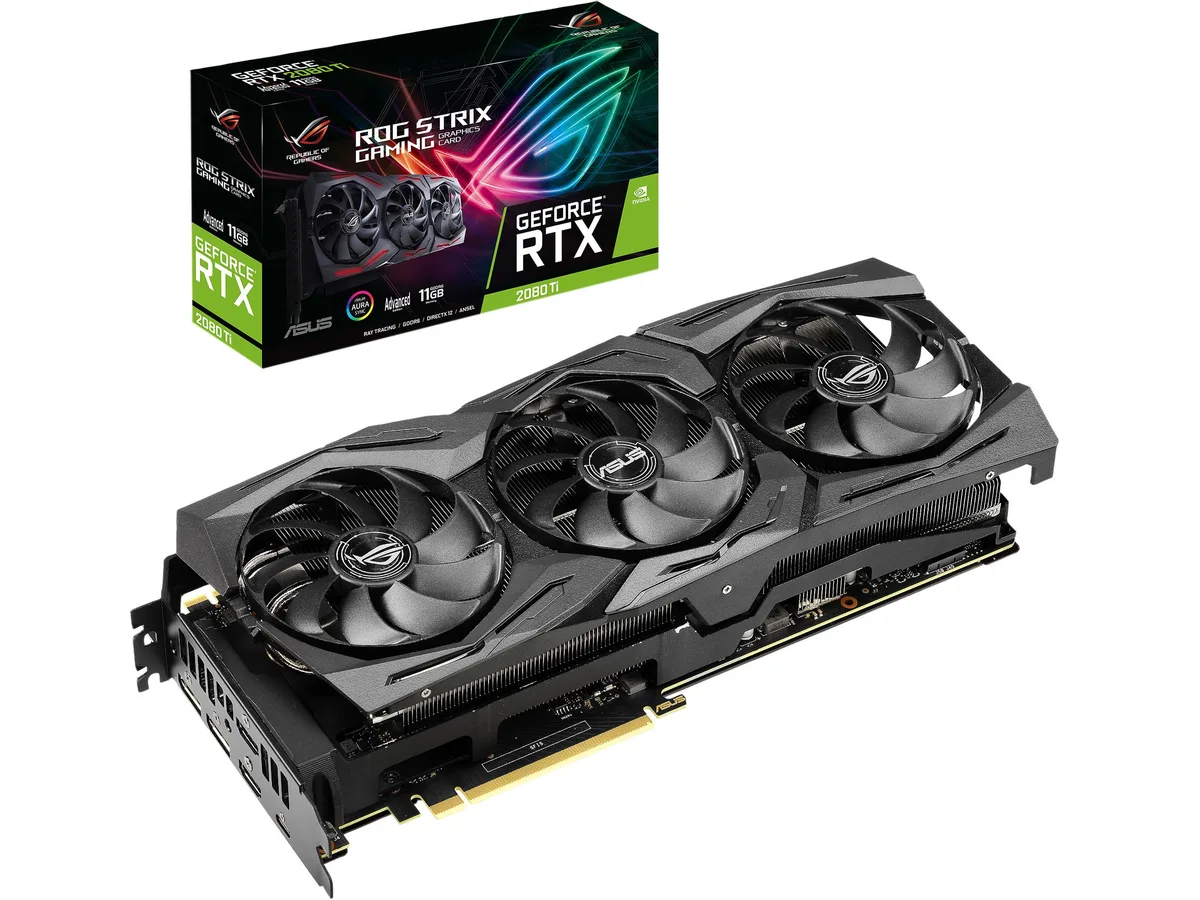 ASUS ROG Strix GeForce RTX 2080 Ti triple-fan graphics card in dark grey and silver finish