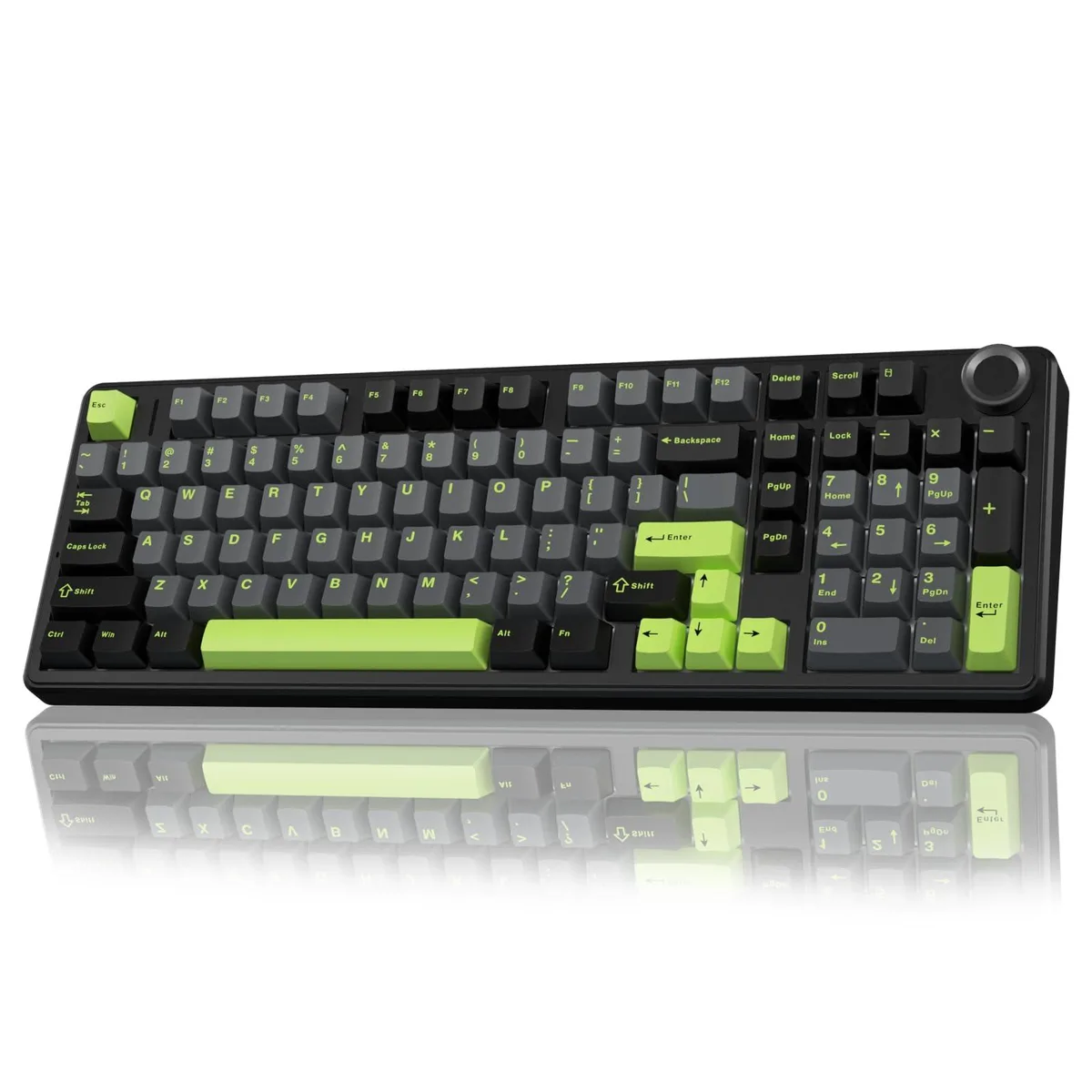 Black, grey and green 99-key compact keyboard with a side knob, plastic frame and RGB backlighting